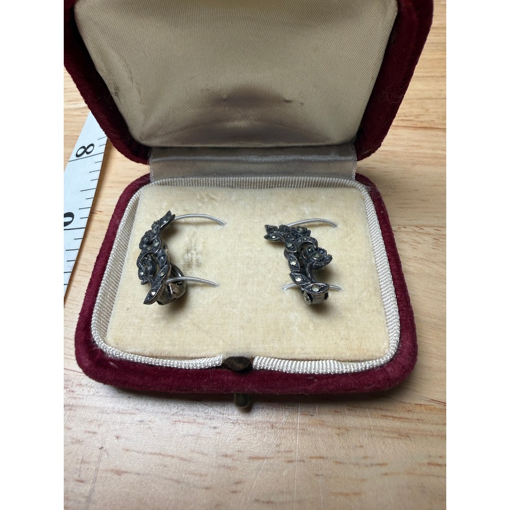 Vintage Silver Marcasite Floral Clip On Earrings Art Deco Victorian Style